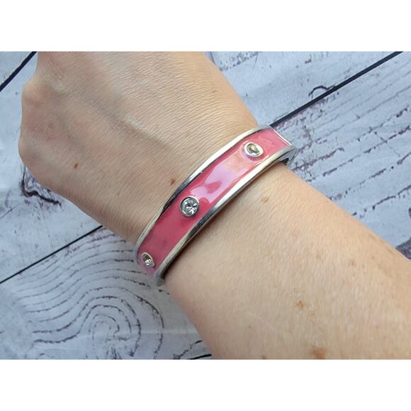Silver Tone Pink Enamel Hinged Bangle Bracelet With Gems - Picture 2 of 7